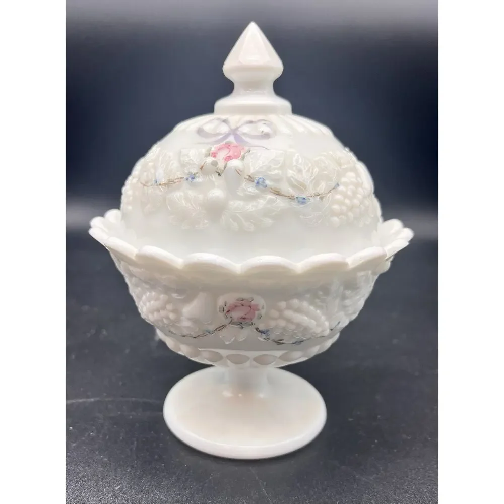 Vintage Westmoreland Milk Glass Round Candy Dish Hand Painted Roses & Bows
